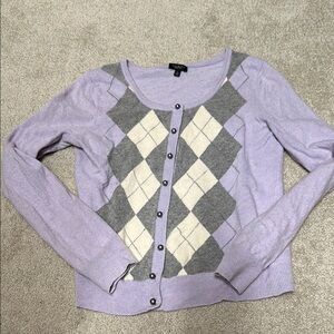 Purple and Gray Argyle Cardigan Sweater Lambswool Pearl Buttons